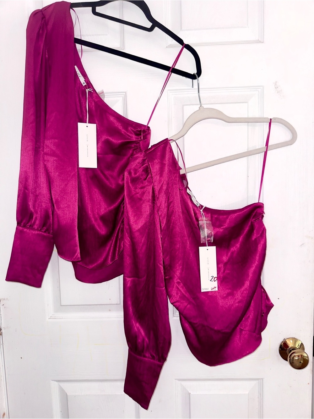 Matching! Lush Fuchsia Satin Cowl Neck Camisole & Blouse Set - Women’s Tops